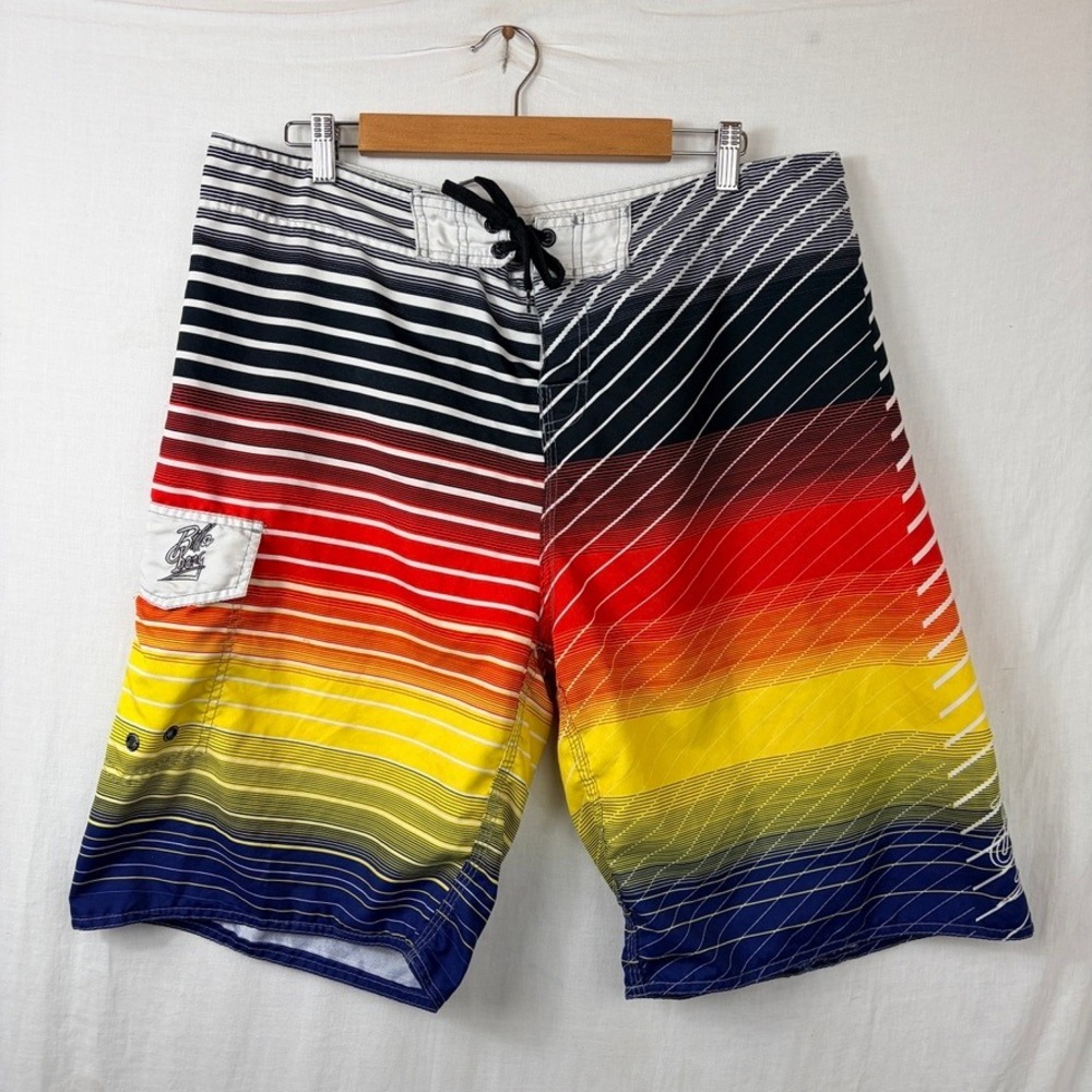 Y2K Billabong Board Shorts Sz 38‎ Embroidered Logo Striped Sunset Gradient